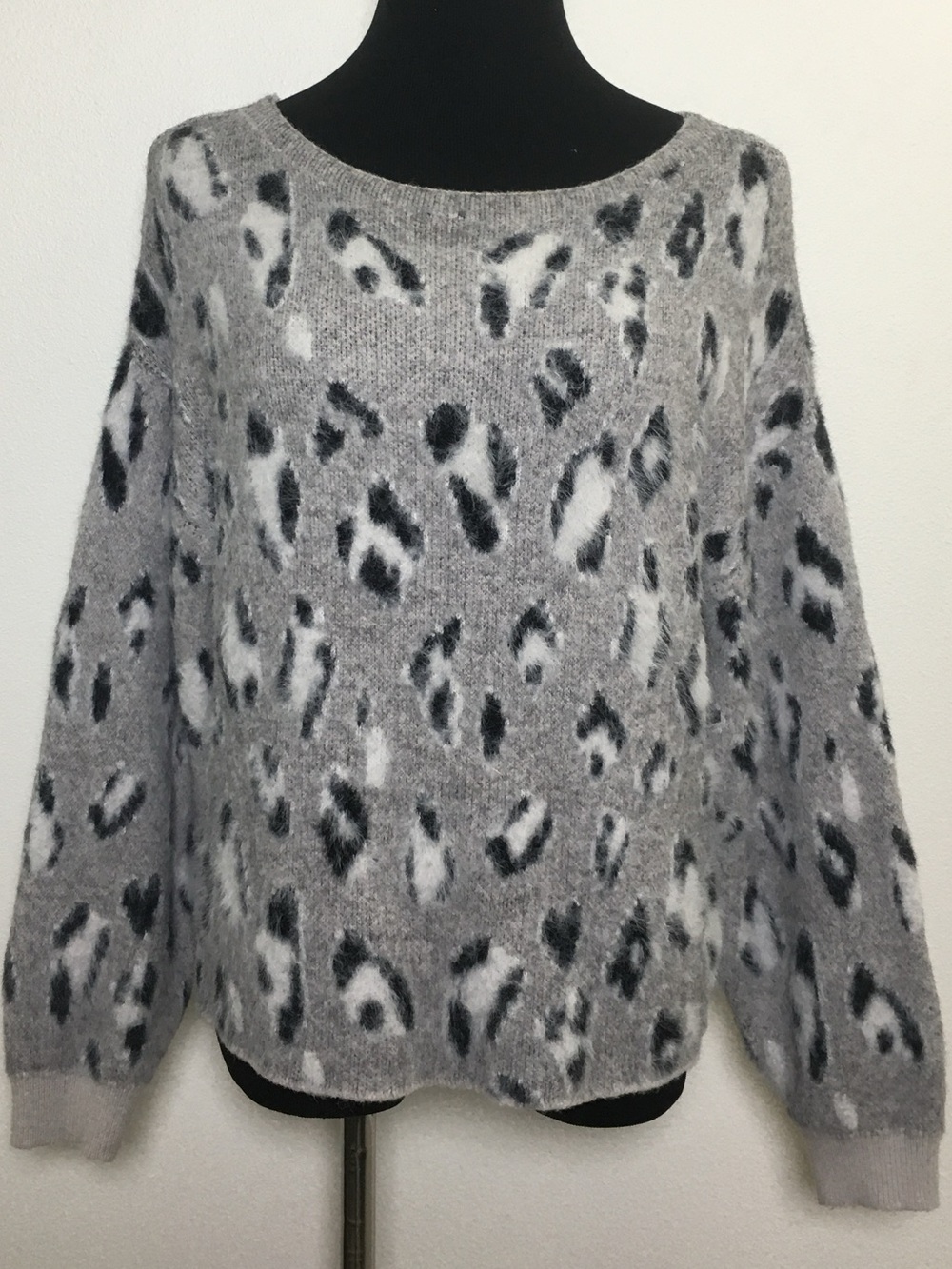 Grey Leopard Print Pullover Sweater